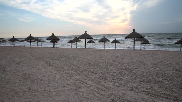 Пустой утренний пляжный зонтик — стоковое видео