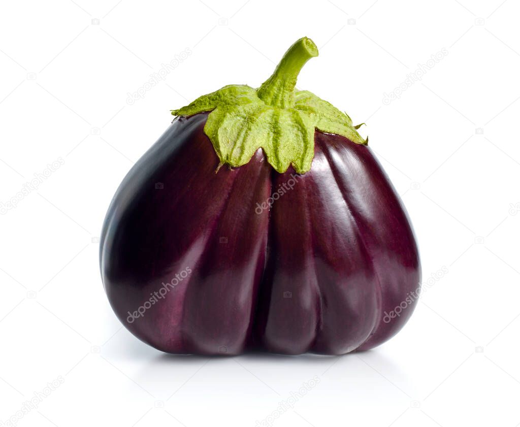 Segmented purple eggplant isolated on white background.