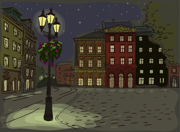 Antique European street. Night Summer city landscape. 