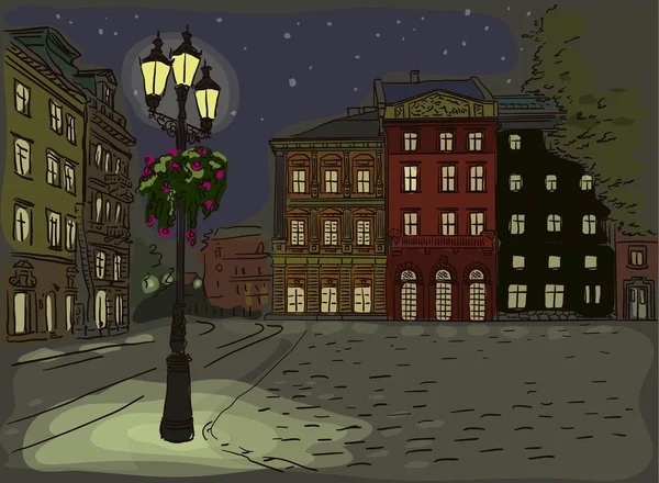 Antique European street. Night Summer city landscape. — Stock Illustration Antique European street. Night Summer city landscape. Royalty Free Stock Illustrations