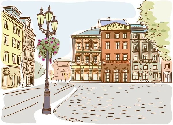 Antique European street. Summer city landscape. — Stock Illustration Antique European street. Summer city landscape. Vector Graphics