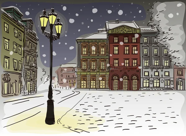 Antique European street. Winter Night city landscape. — Stock Illustration Antique European street. Winter Night city landscape. Stock Vector
