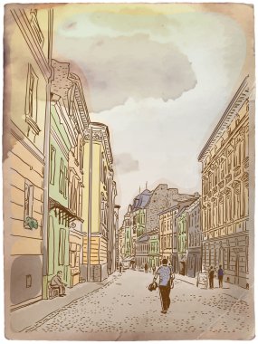 Antika Avrupa sokak. Vintage kartpostal.