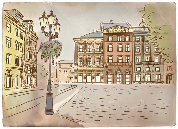 古色古香的欧洲街。老式明信片. — 图库矢量图片