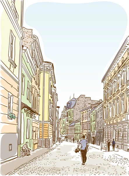 Antique European street. Summer city landscape. — Stock Illustration Antique European street. Summer city landscape. Vector Graphics