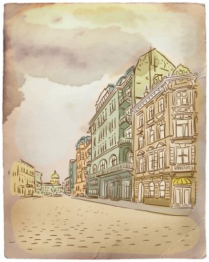Antika Avrupa sokak. Vintage kartpostal.