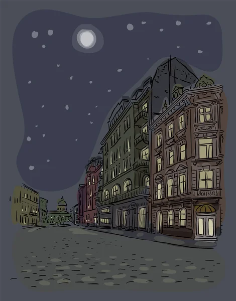 Antique European street. Night city landscape. — Stock Vector