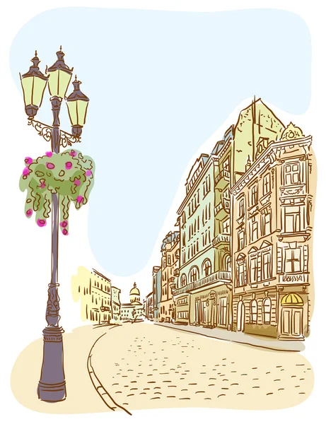 Antique European street. Summer city landscape. — Stock Illustration Antique European street. Summer city landscape. Royalty Free Stock Vectors