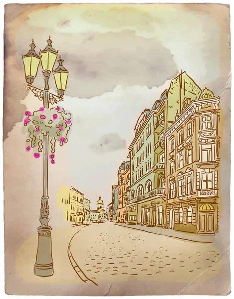 Antique European street. Vintage post card. — Stock Illustration Antique European street. Vintage post card. Stock Vector