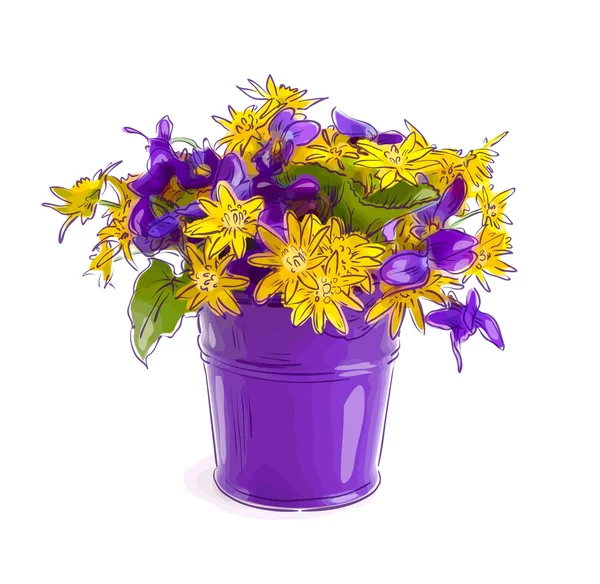 Pequeño ramo con flores de prado en un cubo . — Vector de stock