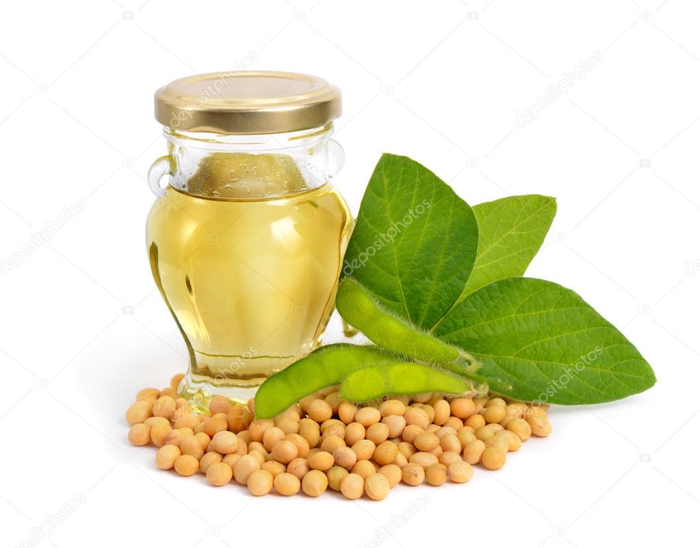 Soybean oil in a bottle with green pods and leawes.