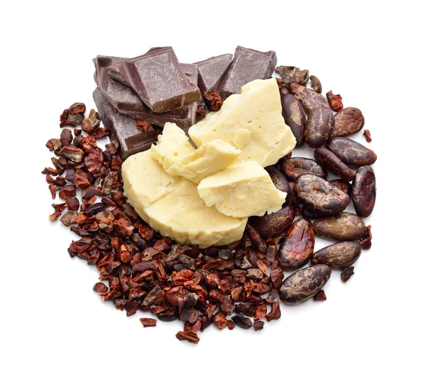 Cocoa products (Beans, nibs, chocolate, butter) — Stock Photo, Image