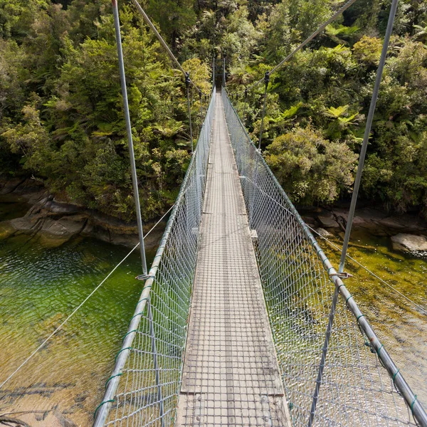 岩の多い川を渡るシンプルな吊り橋アベル タスマン国立公園の濃い緑豊かなジャングルの植生で終わる南ニュージーランド — ストック写真