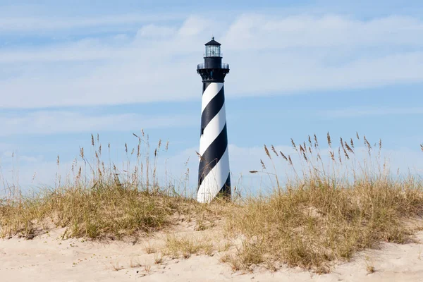 Cape Hatteras Lighthouse towers over beach dunes of Outer Banks island near Buxton, North Carolina, US