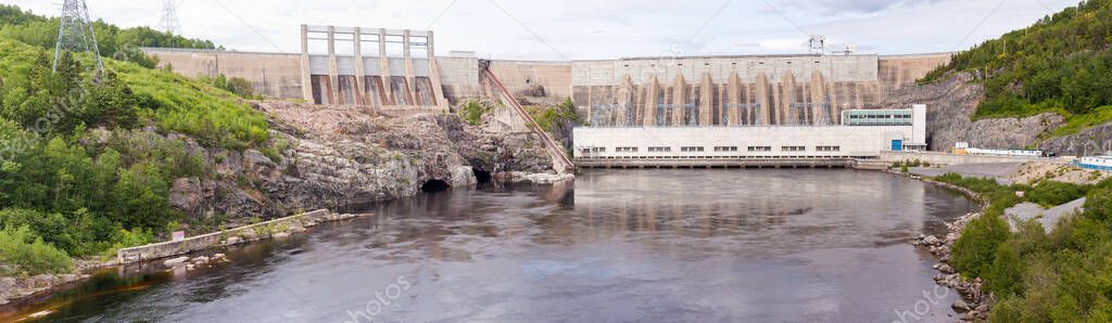 Outardes River Hydro Dam electric power station panorama, Manicouagan, Quebec, Canada