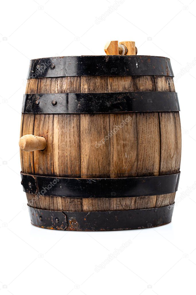 wooden barrel for alcohol drinks containing isolated on white background