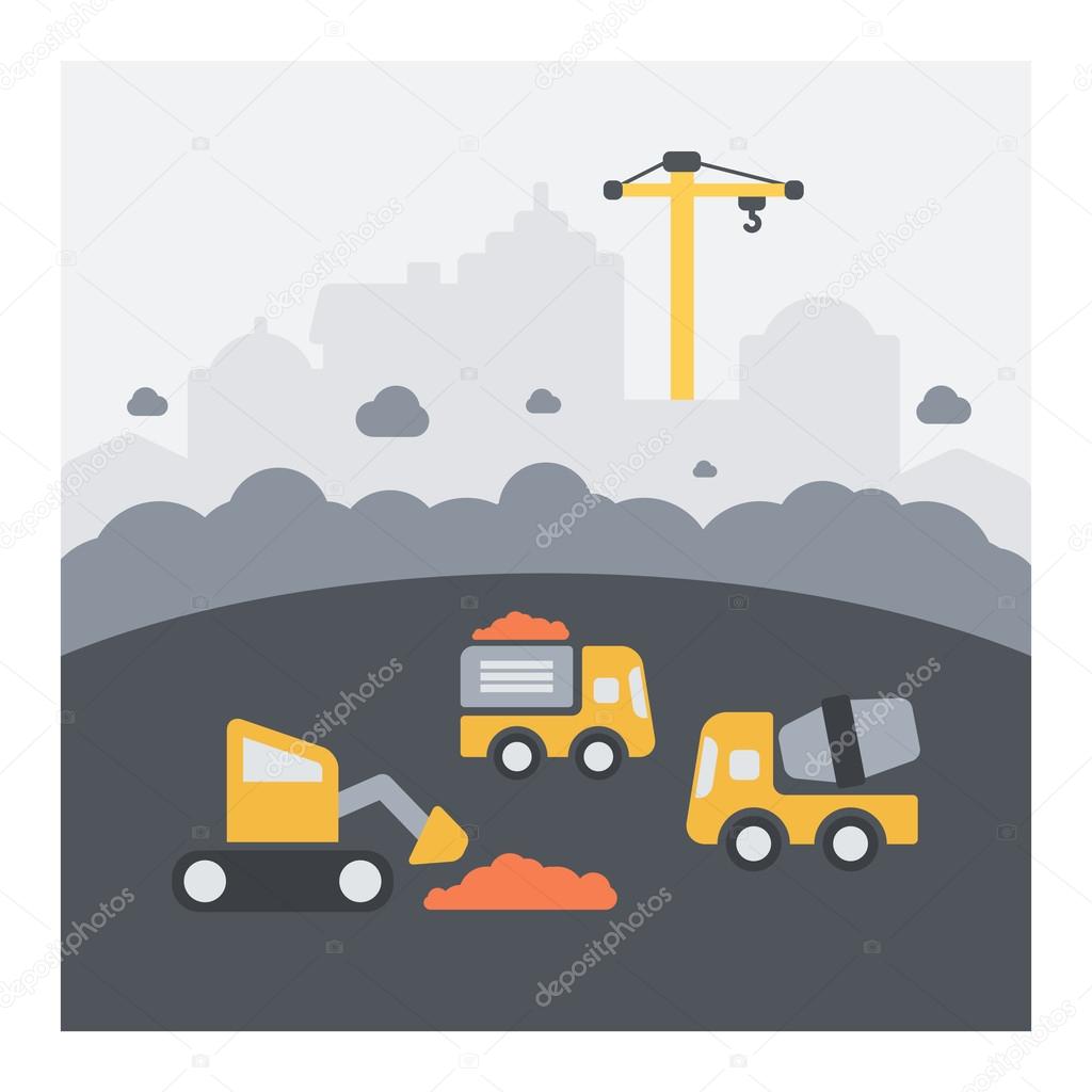 Urban landscape of urban construction work. Flat icons, dust and