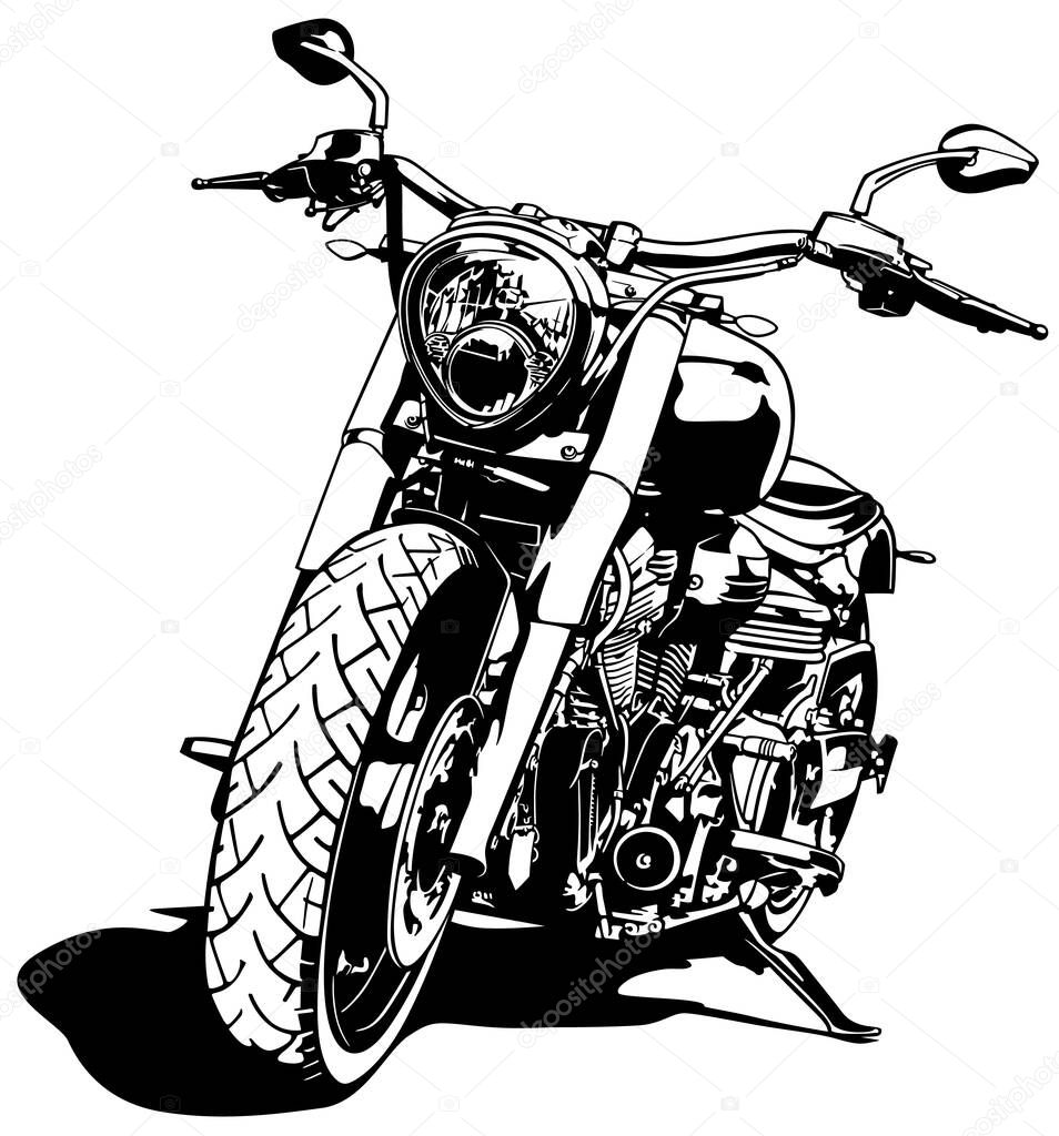 Black and White Motorcycle Drawing Isolated on White Background - Black Illustration, Vector
