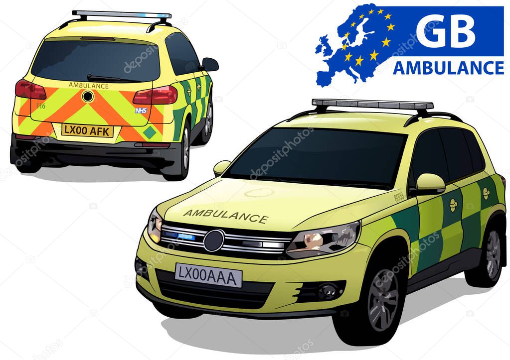 British Ambulance Car in Two Views Isolated on White Background - Colored Illustration, Vector