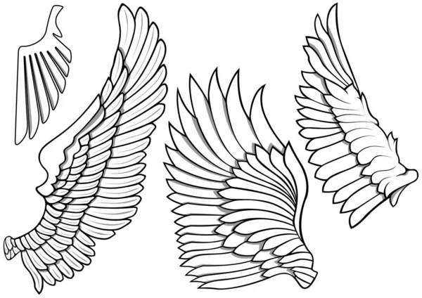 Černobílé Křídlo Ikony Sada Čtyř Ilustrací Izolovaných Bílém Pozadí Vektor — Stockový vektor