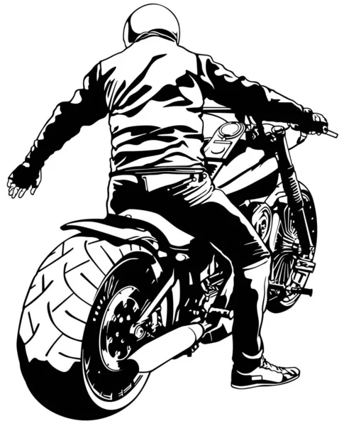 Motorcyclist Harley Davidson Motorcycle Black White Drawing Illustration Terisolasi White - Stok Vektor