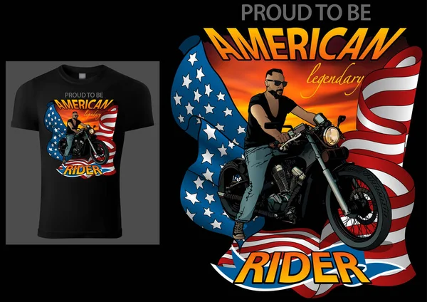 Camiseta Diseño Jinete Americano Con Motocicleta Bandera Americana Cielo Rojo — Archivo Imágenes Vectoriales