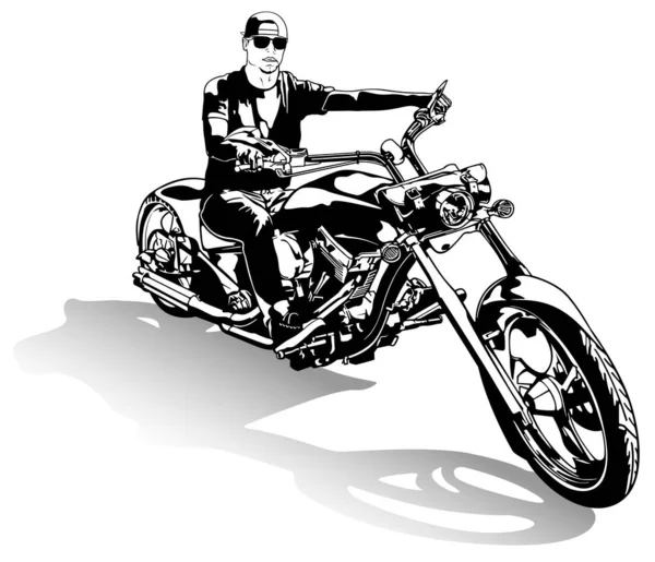 Motorradfahrer Auf Chopper Motorrad Schwarz Weiß Zeichnung Auf Weißem Hintergrund — Stockvektor