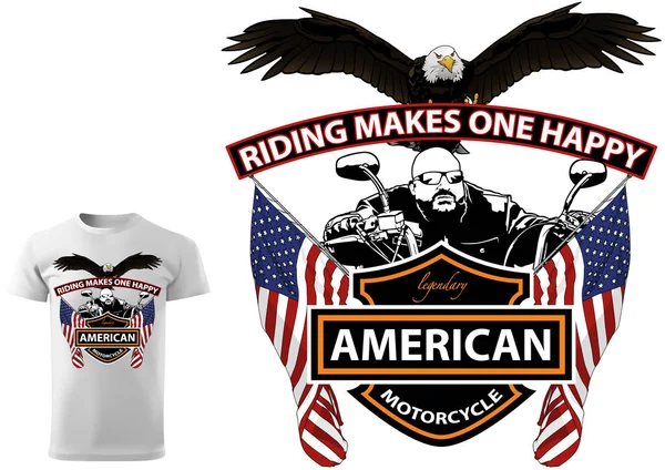带斑点的摩托车T恤衫设计 秃鹰彩绘画图和白色背景下的美国国旗 — 图库矢量图片