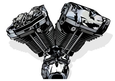 Motosiklet Motorunun Renkli Resmi- Resim Beyaz Arkaplanda İzole Edildi, Vektör