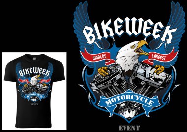 Kartal ve Motorlu Motorcular için Dekoratif Kanatları, Afişleri ve Metinleri olan T-shirt Tasarımı - Beyaz Arkaplanda Renkli Çizimler, Vektör