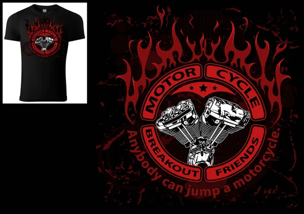 Shirt Design Für Biker Mit Motor Und Dekorativen Flammen Und — Stockvektor