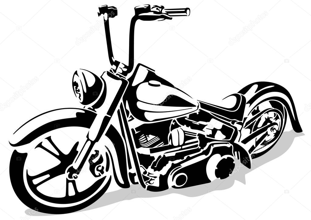Black and White Motorcycle Drawing Isolated on White Background - Black Illustration, Vector