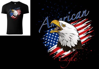 Kel Kartal ve Yırtık Amerikan Bayraklı Tişört Tasarımı - Grunge Dekorasyonlu Renkli Resimler Siyah Arkaplanda İzole Edildi, Vektör