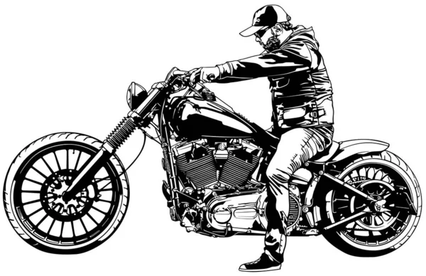 Harley Davidson摩托车上的摩托车手 基于白色背景的黑白绘图说明 — 图库矢量图片