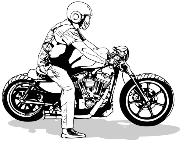 Motociclista Motocicleta Harley Davidson Ilustración Dibujo Blanco Negro Aislado Sobre — Vector de stock