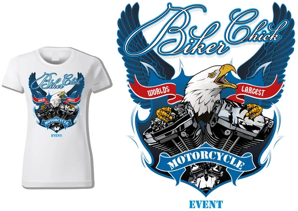 Shirt Design Pour Femmes Motards Avec Aigle Moteur Avec Des — Image vectorielle