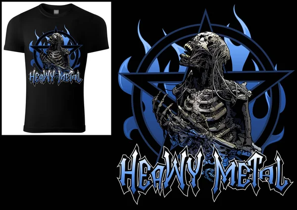 Shirt Design Heavy Metal Scary Skeleton Pentagram Blue Flames Background — Vetor de Stock