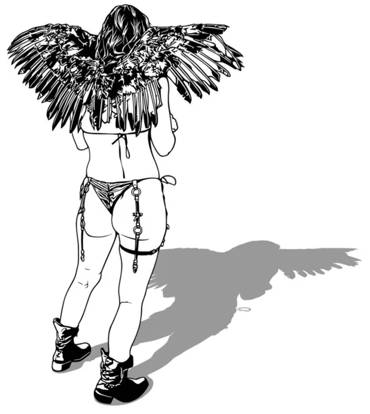 Rear View Woman Wings Drawing Black White Illustration Isolated White — Vetor de Stock