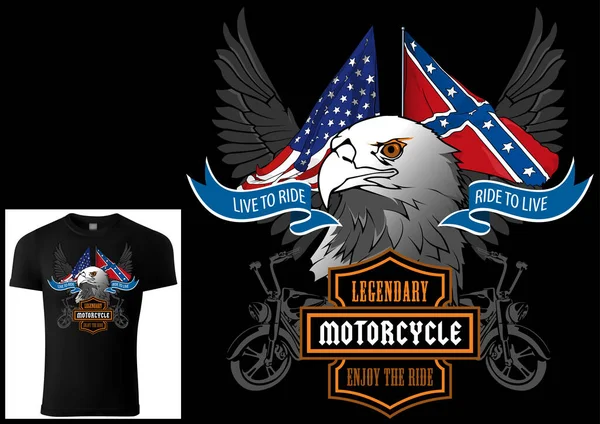 Shirt Design Motorcyclists Eagle Head Flags Decorative Wings Banners Colored — Stockvector