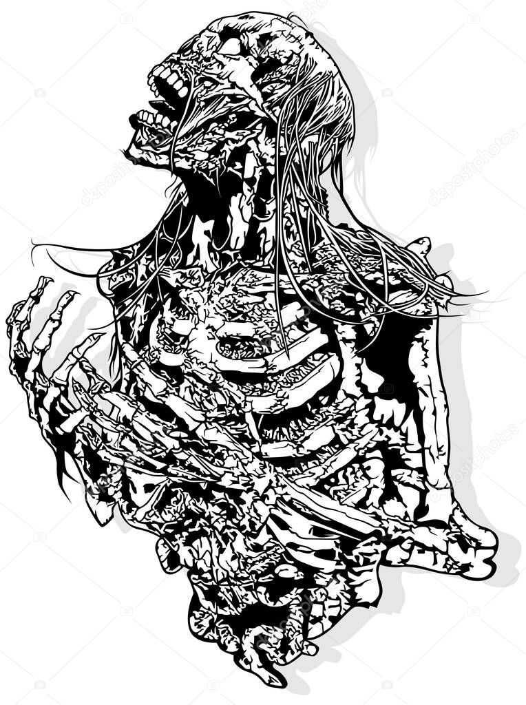 Horror Skeleton Drawing Isolated on White Background - Scary Design Element for Halloween or Metal Music Design, Vector
