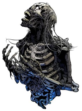 Beyaz Arkaplanda İzole edilmiş Korku İskeleti Çizimi - Cadılar Bayramı için Korkunç Tasarım Elemanı veya Metal Müzik Tasarımı, Vektör