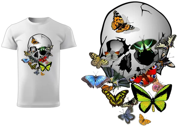 Teschio Con Farfalle Shirt Design Illustrazione Colorata Isolato Sfondo Bianco — Vettoriale Stock