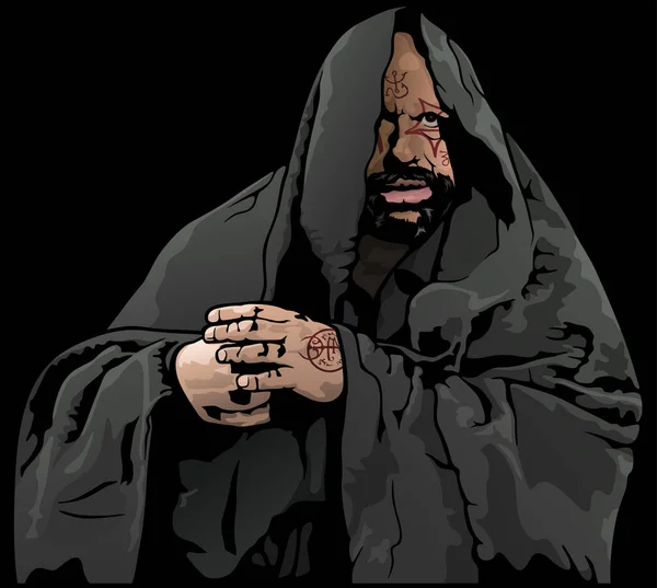 Мистический Монах Волшебной Палочкой Цветная Иллюминация Черном Фоне Вектор — стоковый вектор