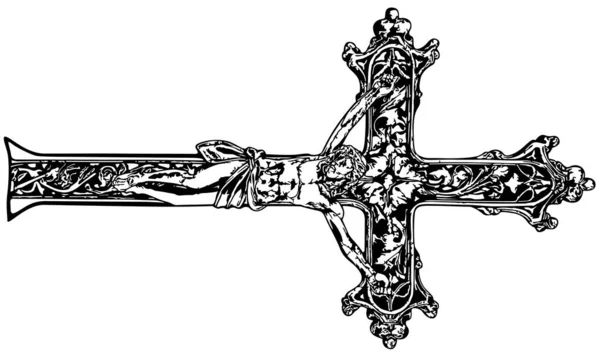 Crucifijo Blanco Negro Cruz Religiosa Ornamental Con Cristo Aislado Sobre — Vector de stock