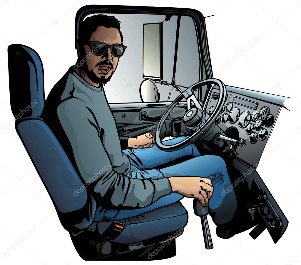 Professional Truck Driver Driving Truck Vehicle Going for a Long Transportation Route - Colored Illustration, Vector