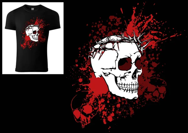 一种带刺冠的T恤骷髅在血色墨水污迹上的设计 基于黑色背景的彩色图解 — 图库矢量图片