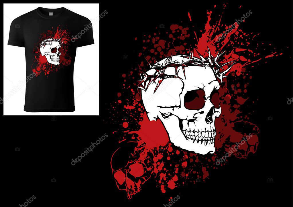 Design of a T-shirt Skull with a Crown of Thorns on a Bloody Ink Smudge - Colored Illustration Isolated on Black Background, Vector