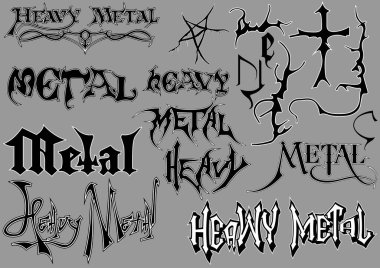 Ağır Metal Tasarımları için Kaligrafik Harfler ve Dekorasyonlar - Gri Arkaplanda İzole Edilmiş Siyah ve Beyaz Metin Resimleri, Vektör