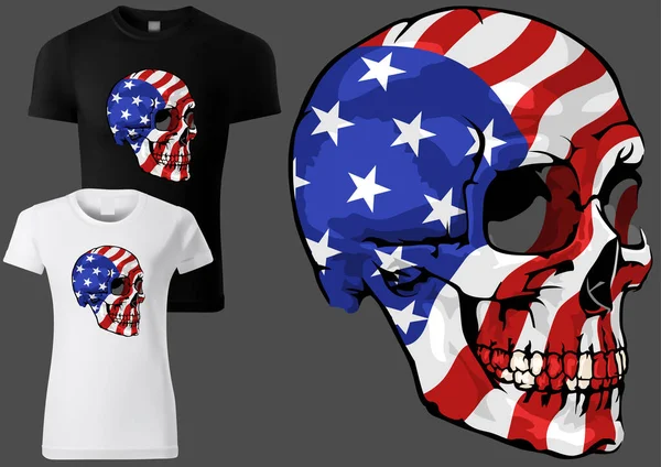 Shirt Design Com Crânio Pintado Com Bandeira Americana Ilustração Colorida — Vetor de Stock