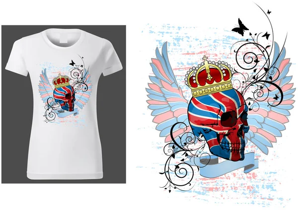 Shirt Design Con Teschio Dipinto Con Bandiera Britannica Illustrazione Colorata — Vettoriale Stock